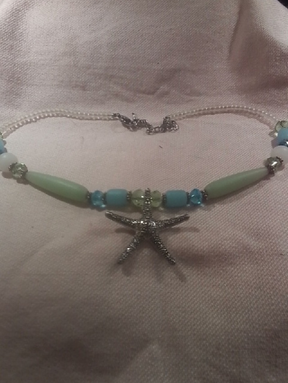 Scott Silver Starfish Necklace with Light Blue and Pale Green Beads